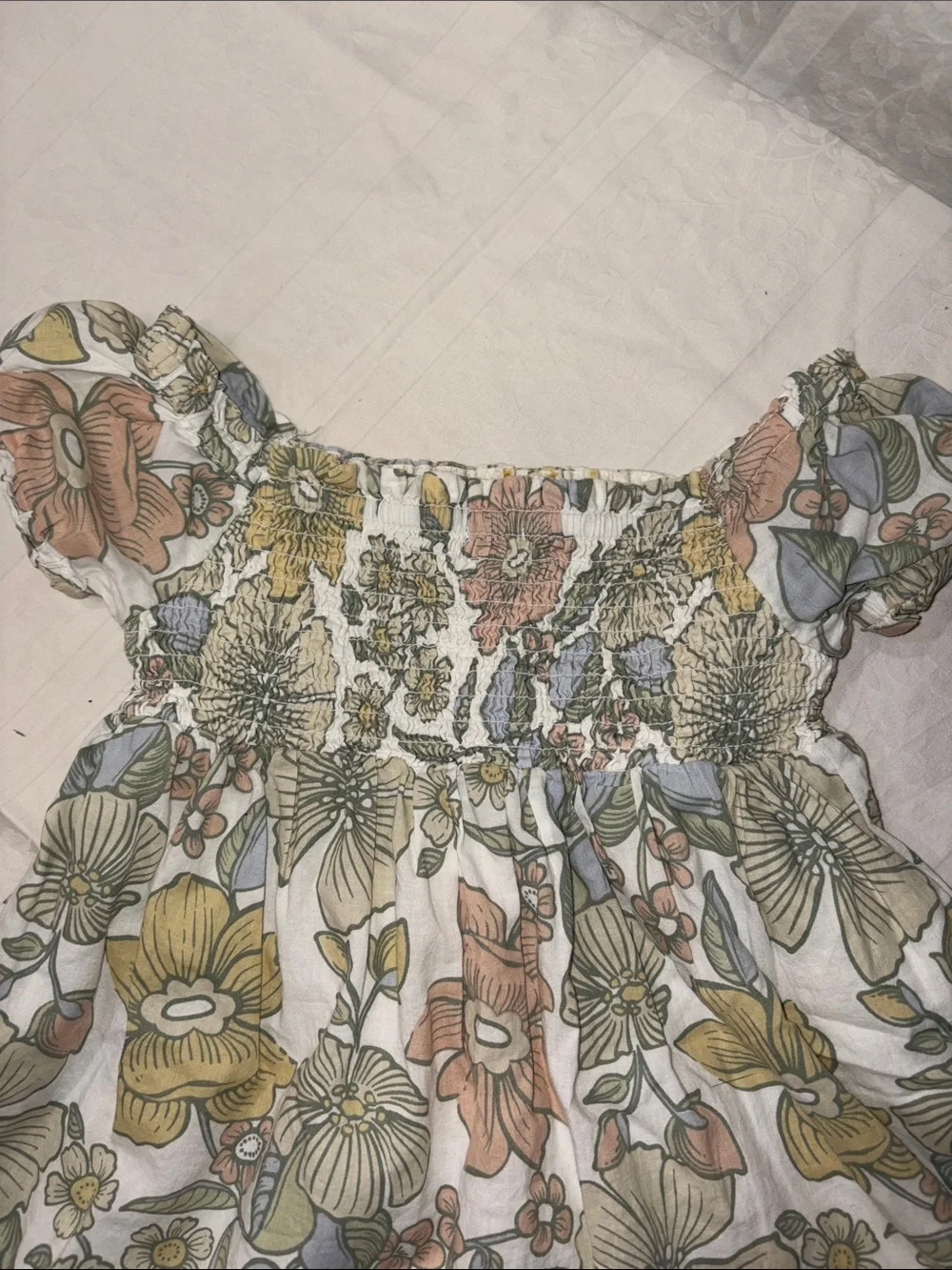 Sigrid Olsen White Floral Smocked Dress with Yellow, Pink & Blue Flowers
